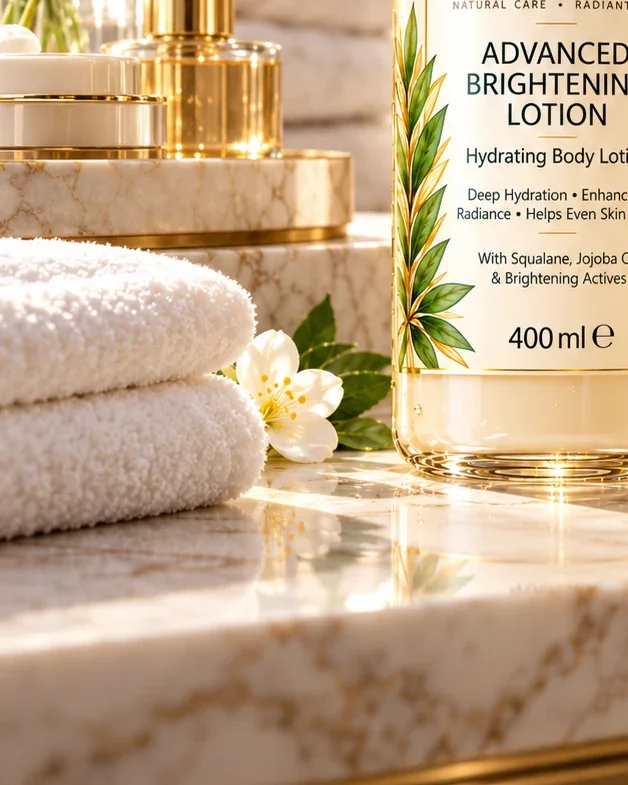 Folded towels and jasmine beside the Advanced Brightening Lotion