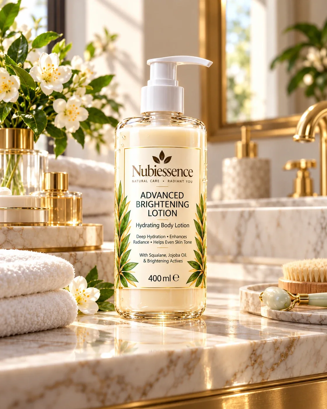 Advanced Brightening Lotion on a marble bathroom shelf