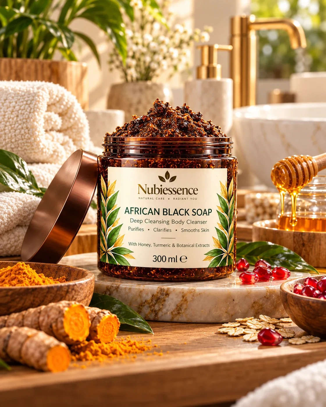 African Black Soap on a marble bathroom shelf