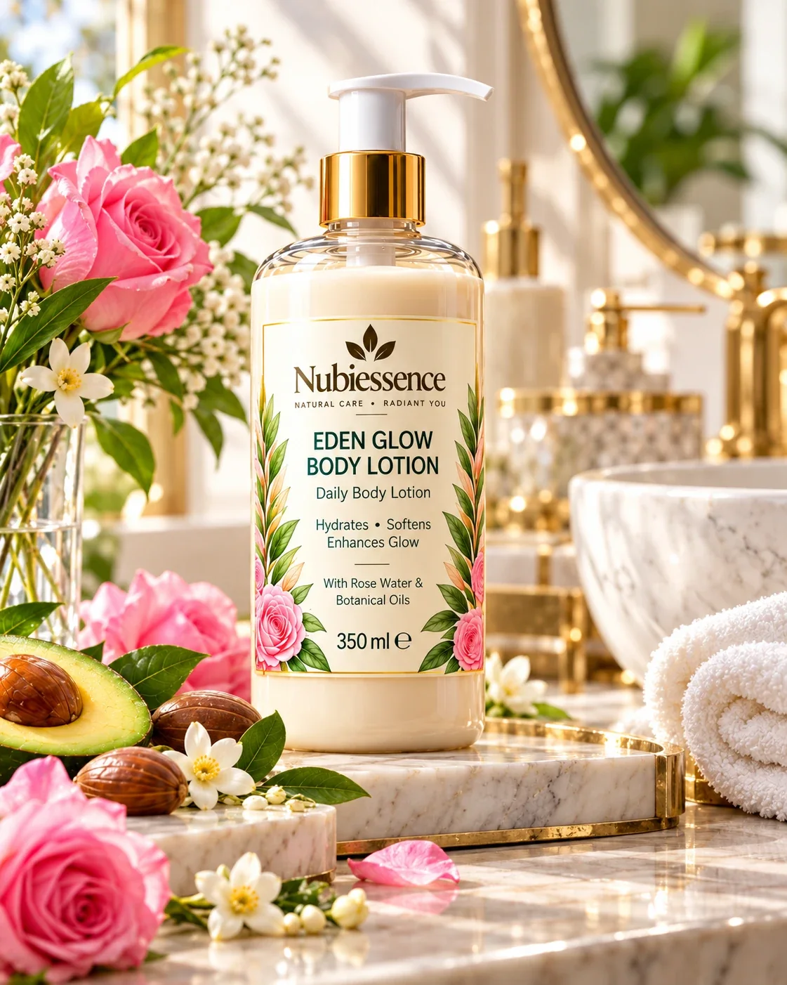Eden Glow Body Lotion on a marble bathroom shelf