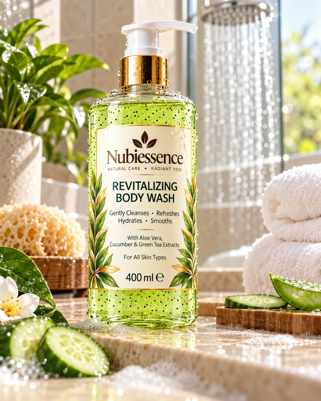 Revitalizing Body Wash on a marble bathroom shelf