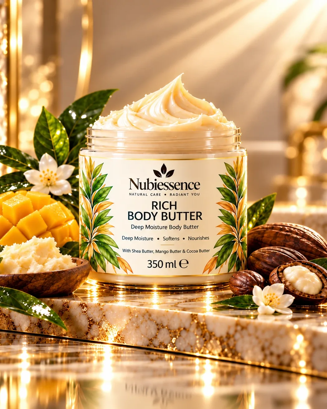 Rich Body Butter on a marble bathroom shelf