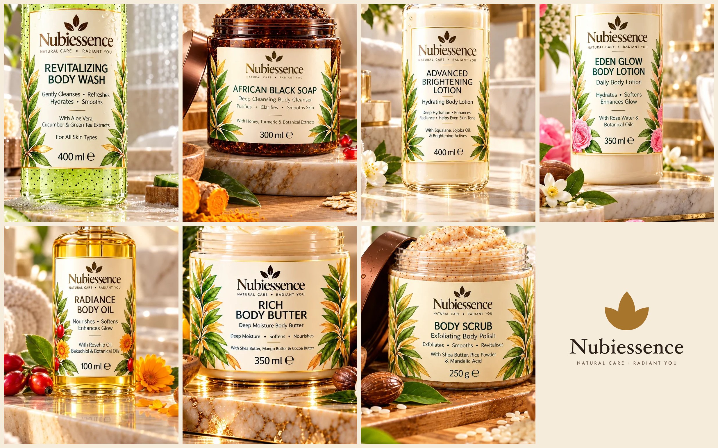 The seven Nubiessence products: body wash, African black soap, two lotions, body oil, body butter and scrub.